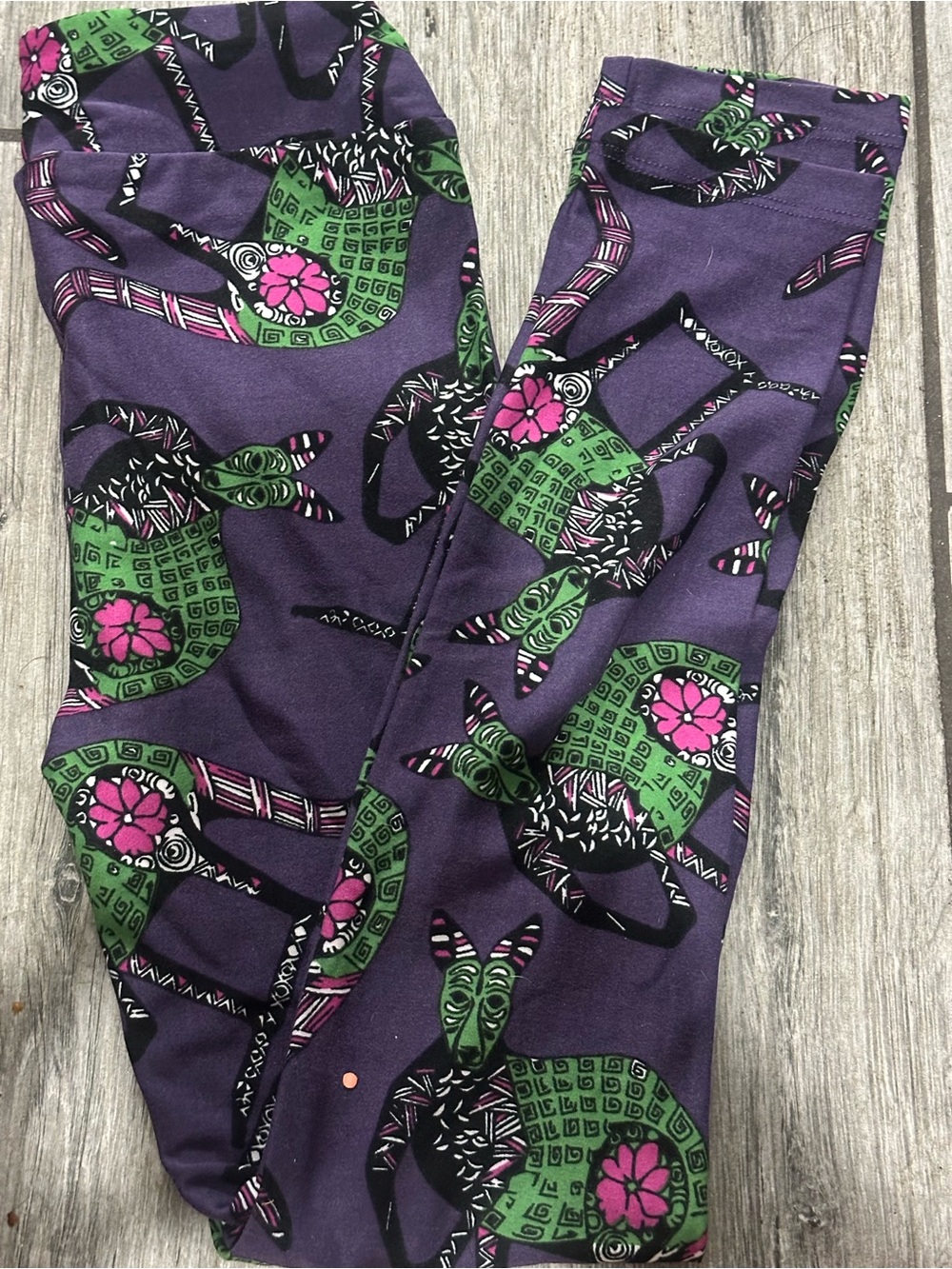 LuLaRoe Kids Leggings Purple with Green and Pink Animal Print (l/xl)